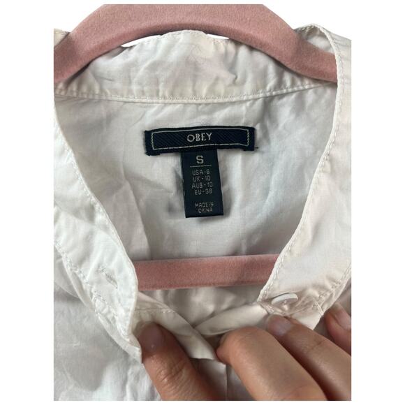 Obey white button up tie cinch 1/2 sleeve blouse 100% cotton woman's US6 small - Picture 4 of 7